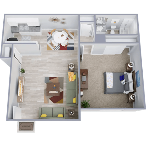 Floor plan for 1 bed, 1 bath, 640 sqft